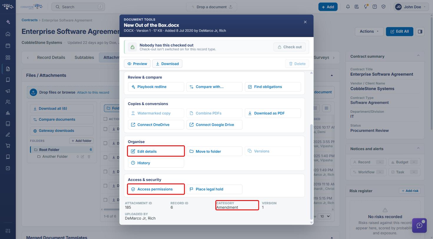 Document tools window with Edit details, Access permissions and the file category highlighted