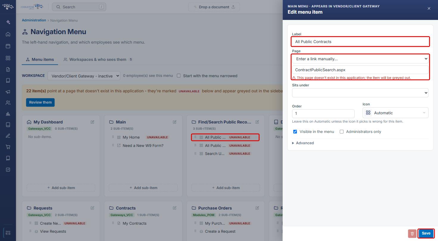 Edit menu item panel for All Public Contracts with the Label, the Page warning and Save highlighted