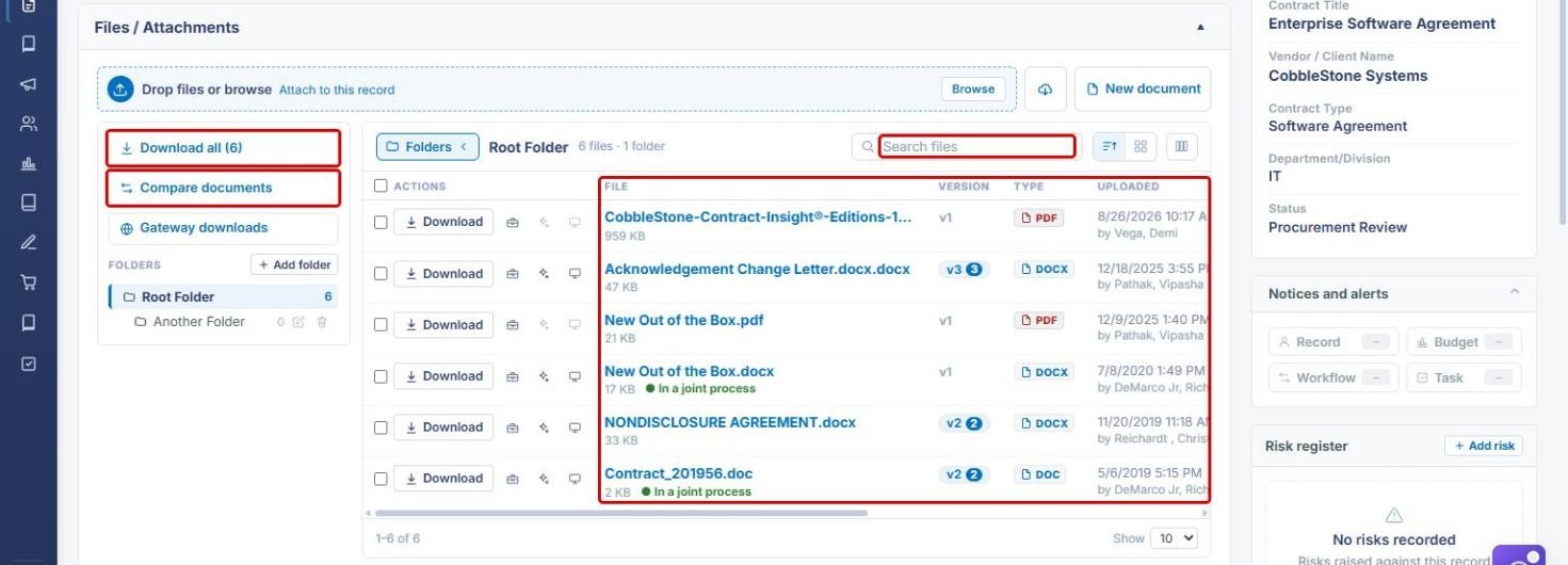 Files list with Download all, Compare documents, Search files and the file, version, type and uploaded columns highlighted