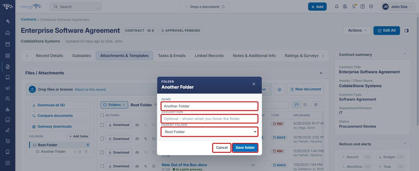 Folder window with Name, Description, Parent Folder, Cancel and Save folder highlighted