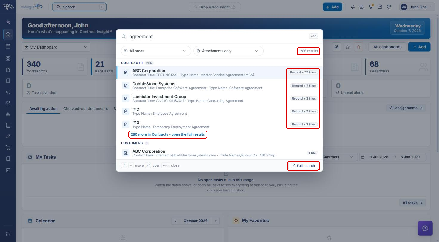 Search results with results count, file badges, open the full results link, and Full search button highlighted