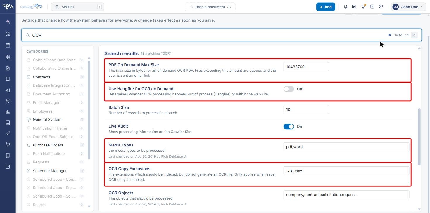 OCR Crawler settings with PDF On Demand Max Size, Use Hangfire for OCR on Demand, Media Types and OCR Copy Exclusions highlighted