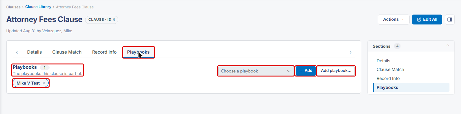Playbooks tab with the playbook tag, Choose a playbook, Add and Add playbook highlighted
