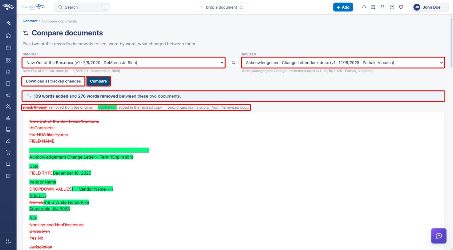 Compare documents screen with two Word files selected and the Original, Revised, Download as tracked changes, Compare, summary line and legend highlighted