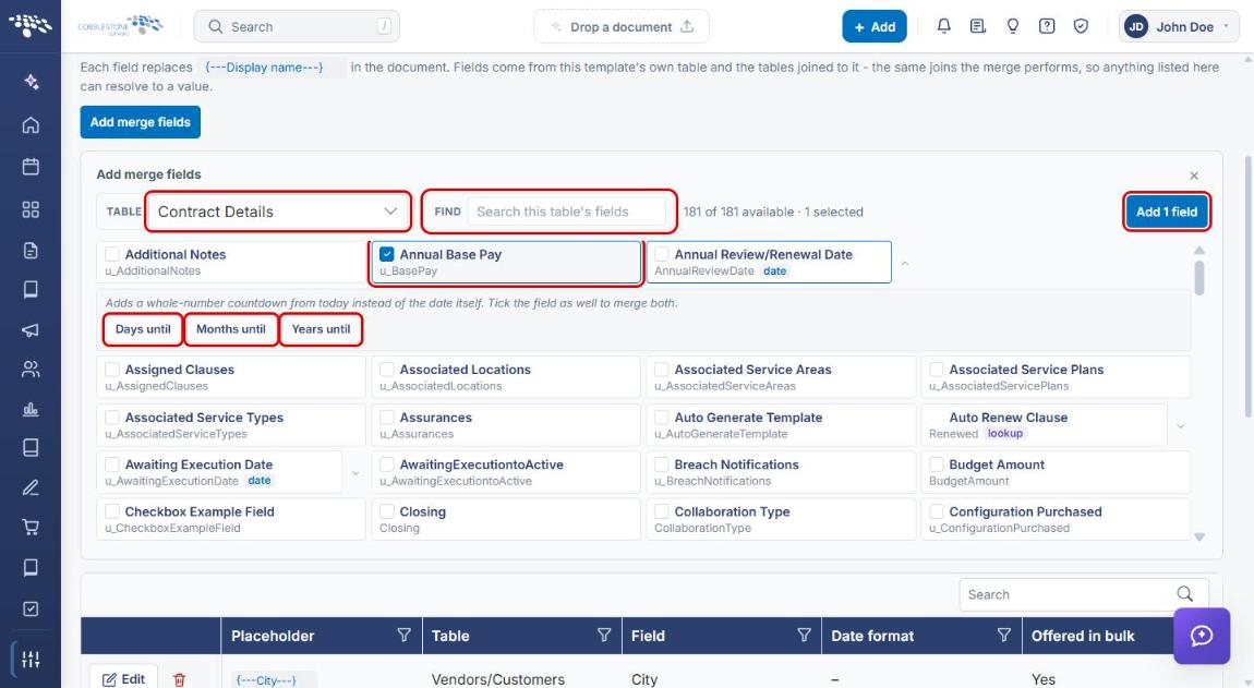 Add merge fields panel with Table, Find, field selection, countdown options and Add field button highlighted