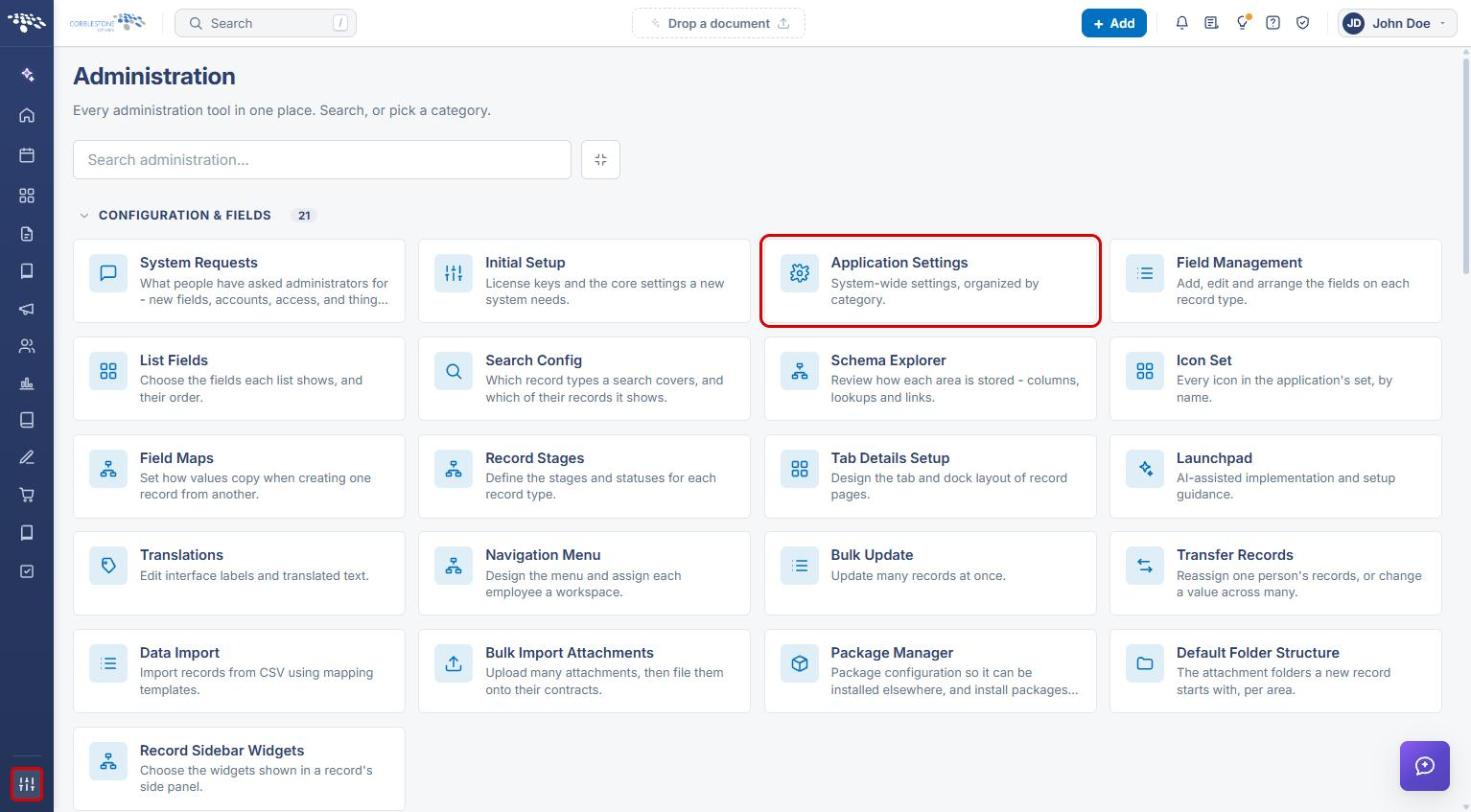 Administration page with Application Settings highlighted