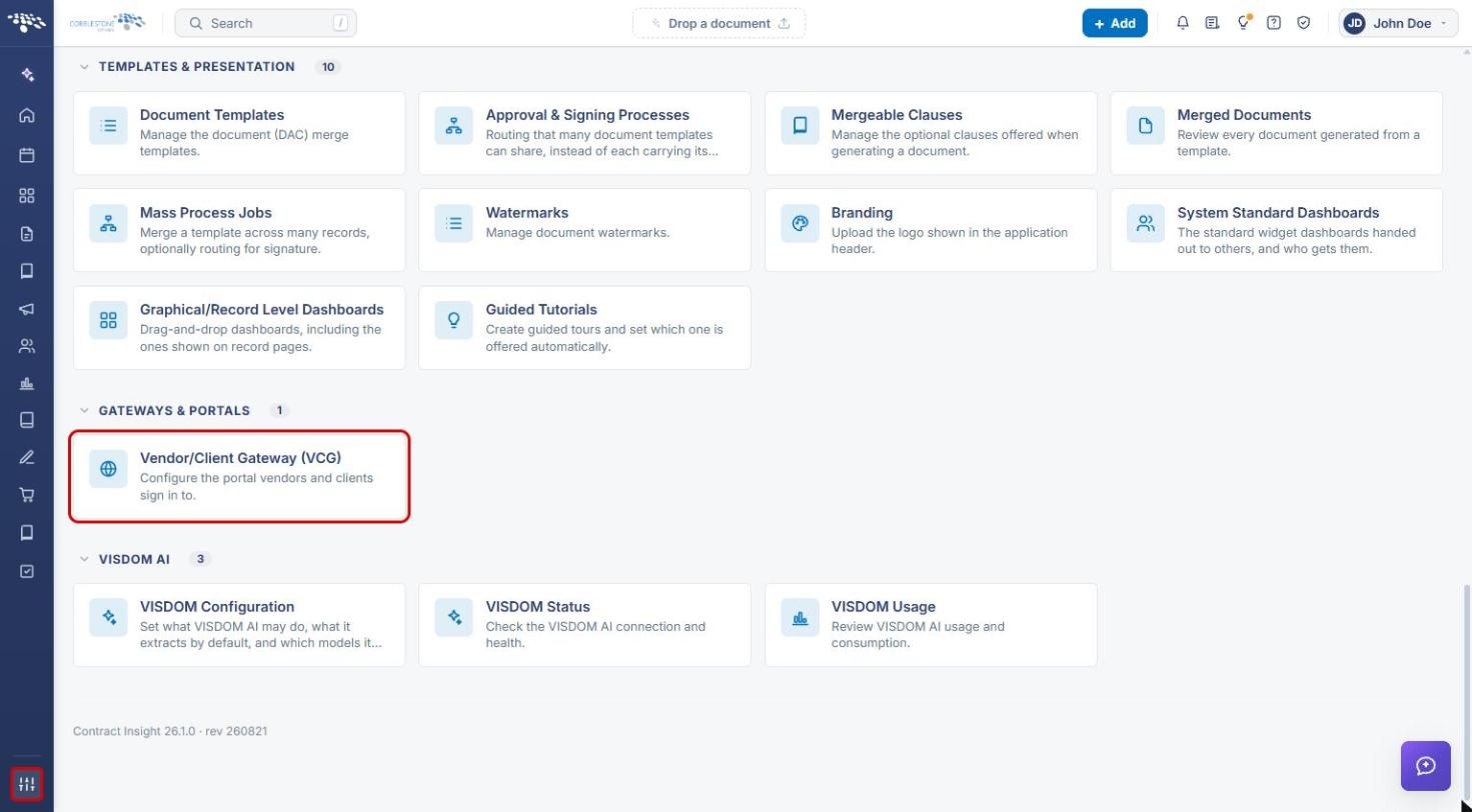 Administration page with Vendor/Client Gateway (VCG) highlighted