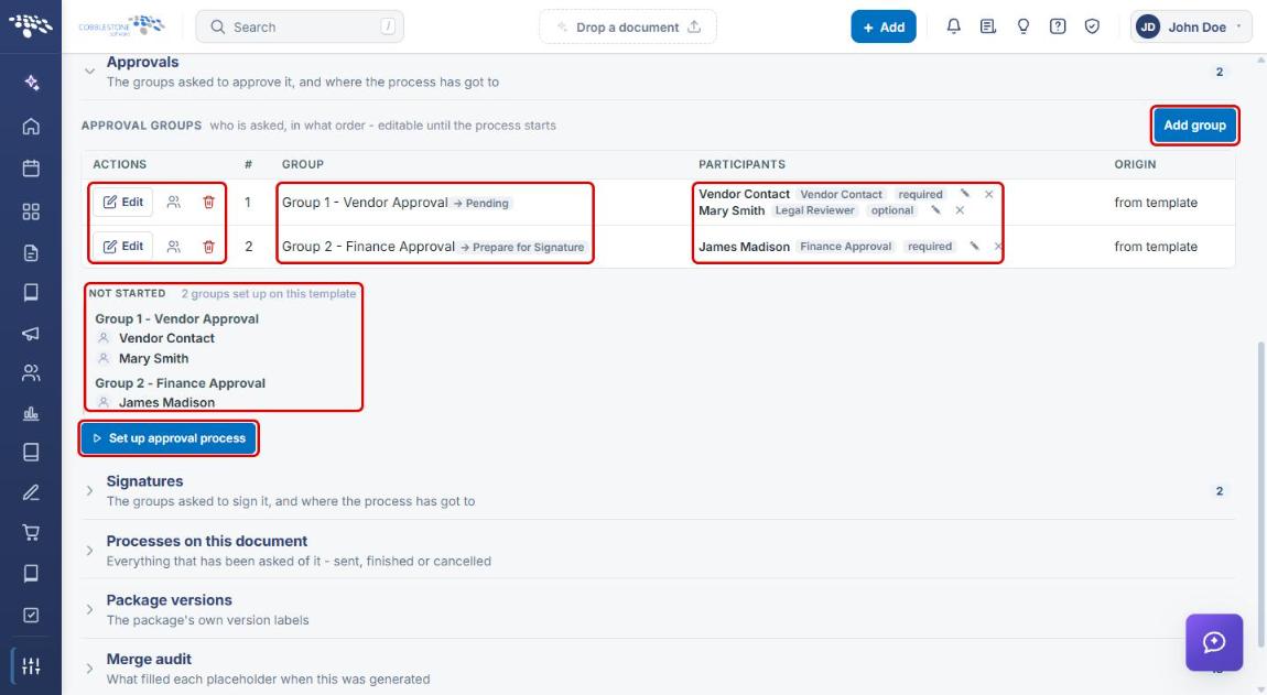 Document Approvals section with Add group, group actions, groups, participants, Not Started summary, and Set up approval process highlighted