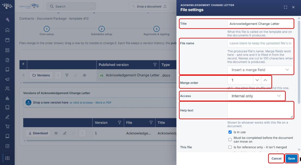 File settings panel: Title, File name, Merge order, Access, Help text