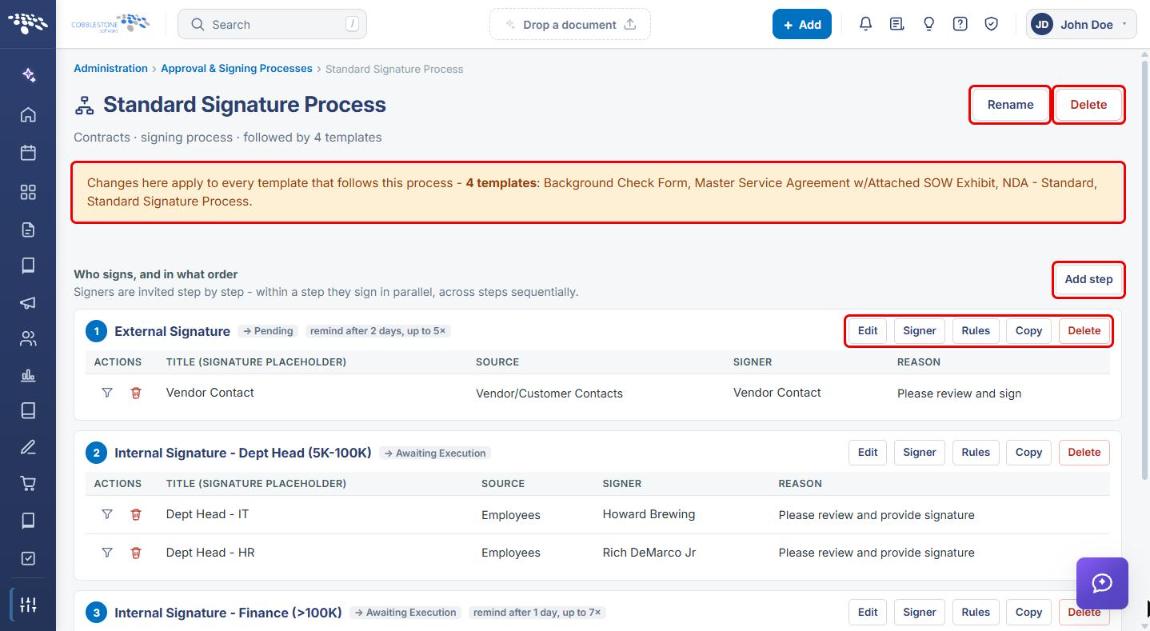 Managing a process template and its steps