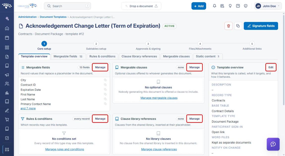 Template overview cards with Manage and Edit buttons highlighted