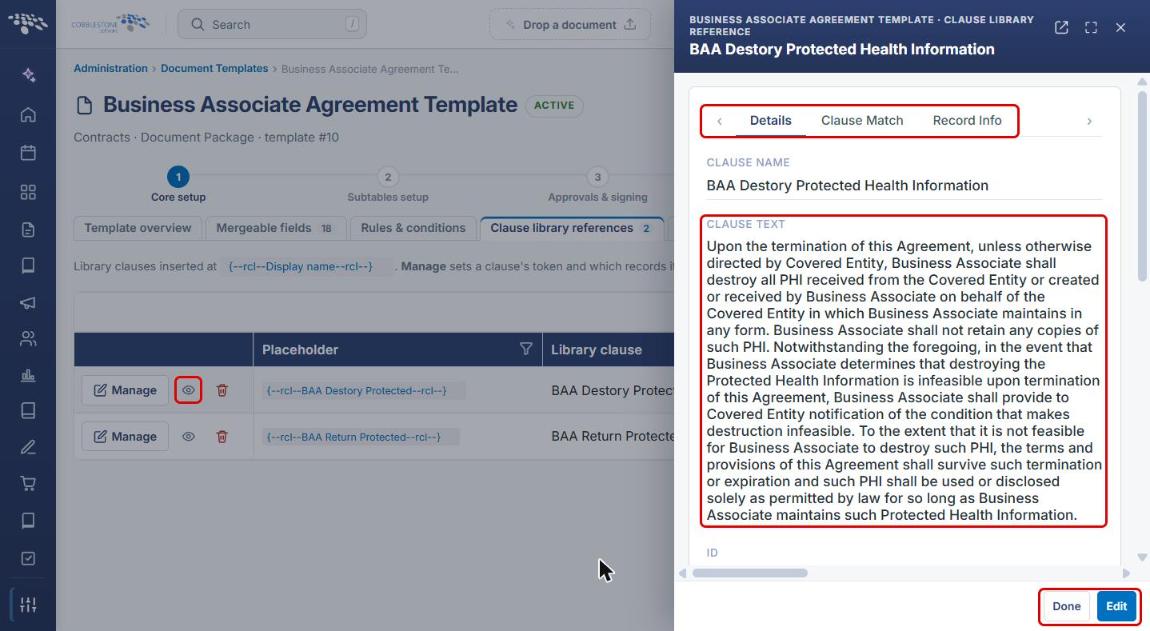 Clause preview with the eye icon, Details tabs, Clause Text, Done, and Edit highlighted