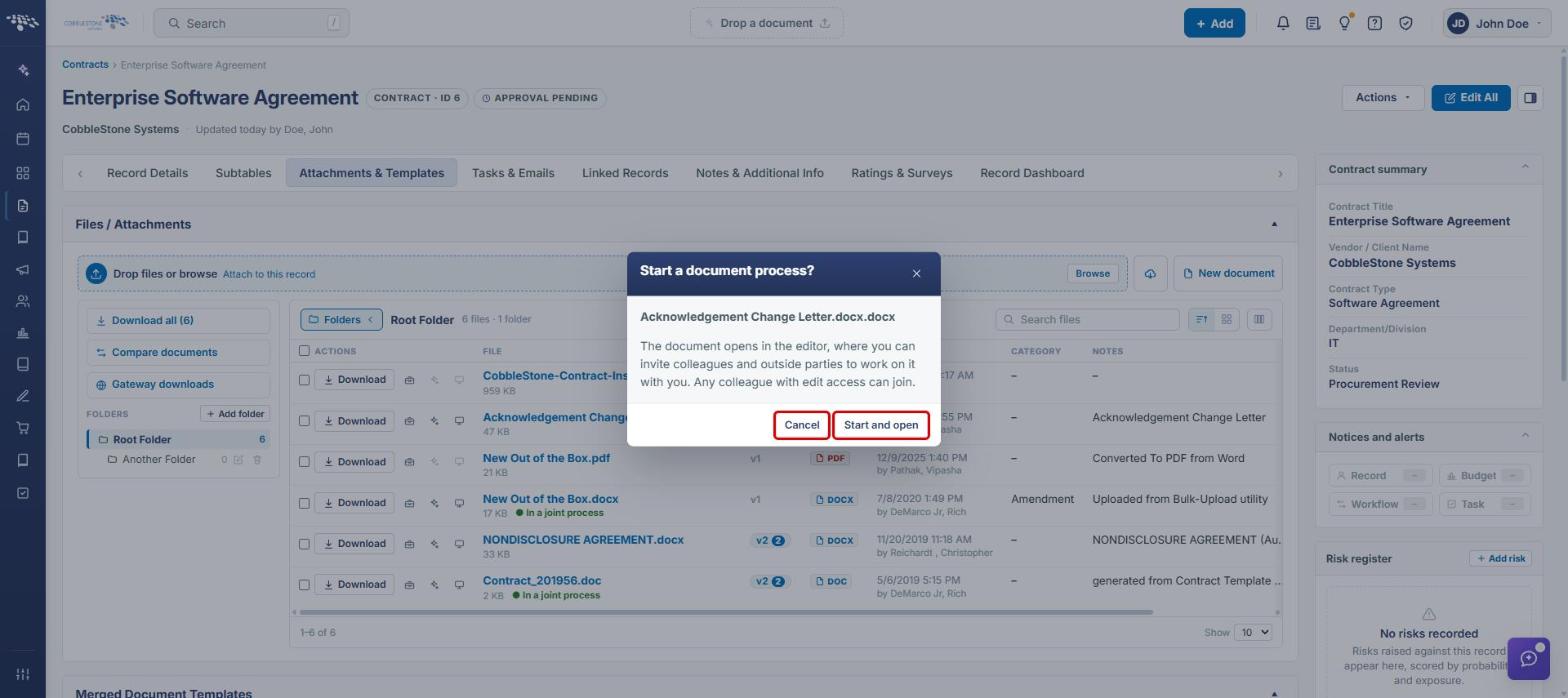 Start a document process dialog with Cancel and Start and open highlighted