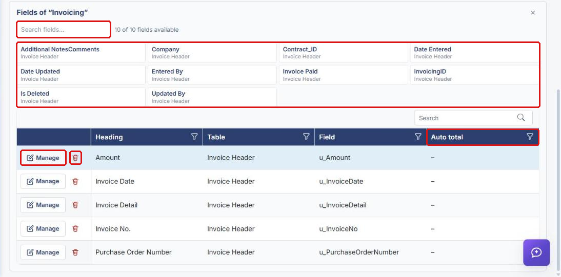 Fields manager for a subtable