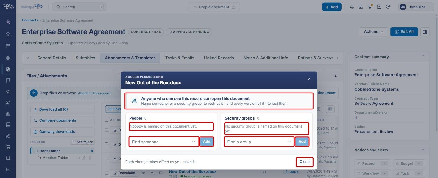 Access permissions window with the status banner, People and Security groups lists, Find someone, Find a group, Add and Close highlighted