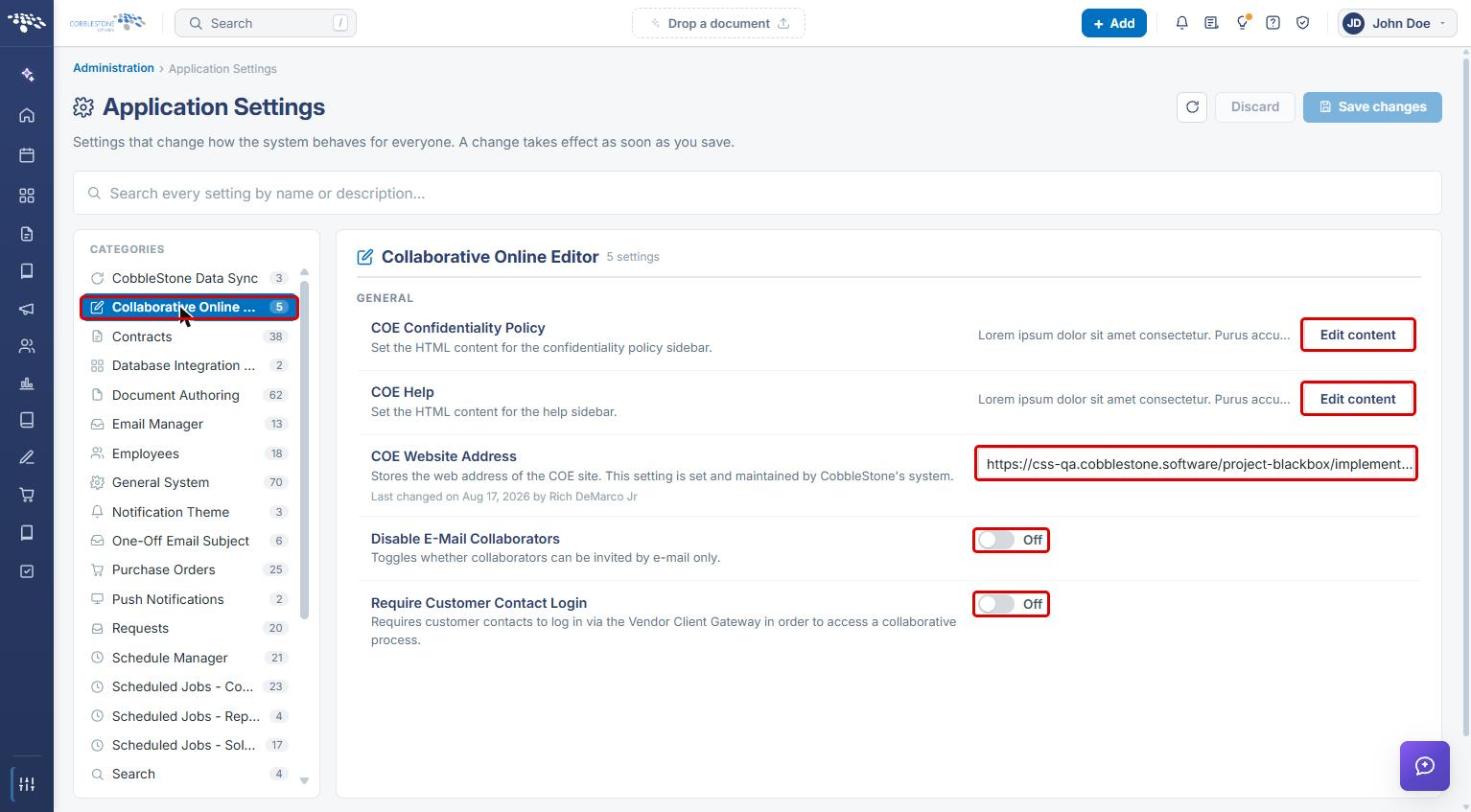 Collaborative Online Editor settings with the category, Edit content buttons, COE Website Address and the two toggles highlighted