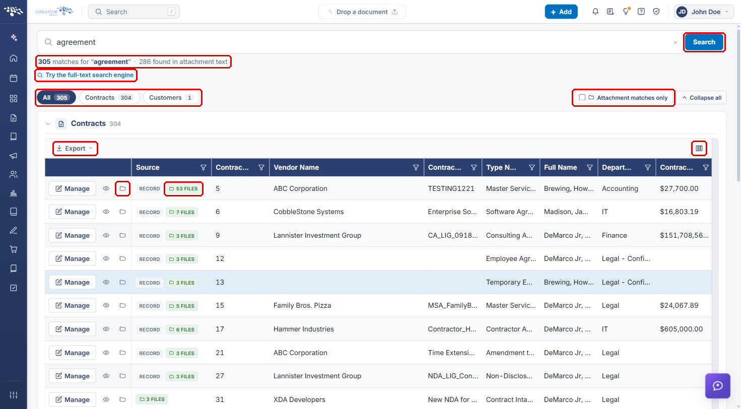 Full search page with match summary, area tabs, Attachment matches only, Export, column chooser, Attachments icon, and file badge highlighted