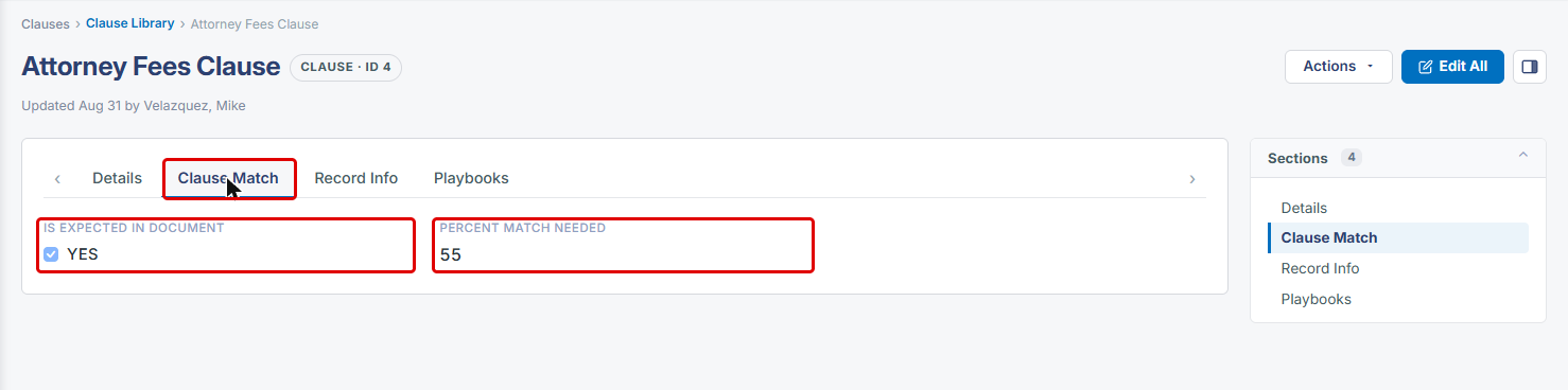 Clause Match tab with Is Expected In Document and Percent Match Needed highlighted
