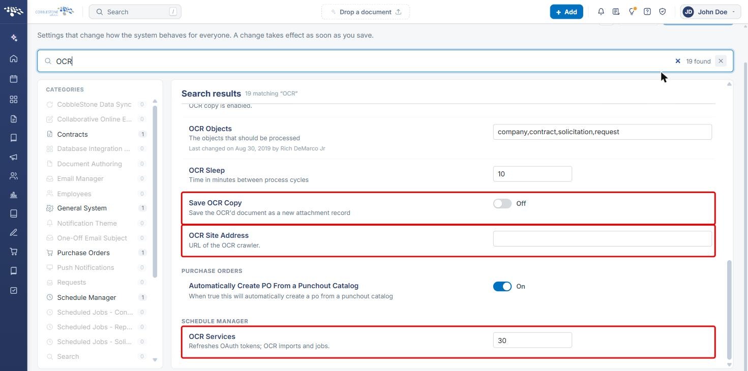 Save OCR Copy, OCR Site Address and OCR Services settings highlighted
