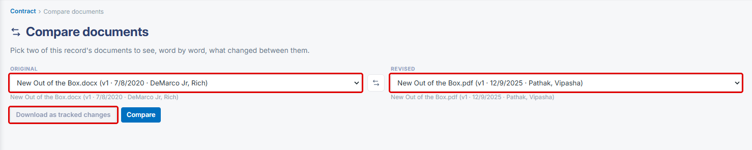 Compare documents screen with a Word file and a PDF selected and the disabled Download as tracked changes button highlighted