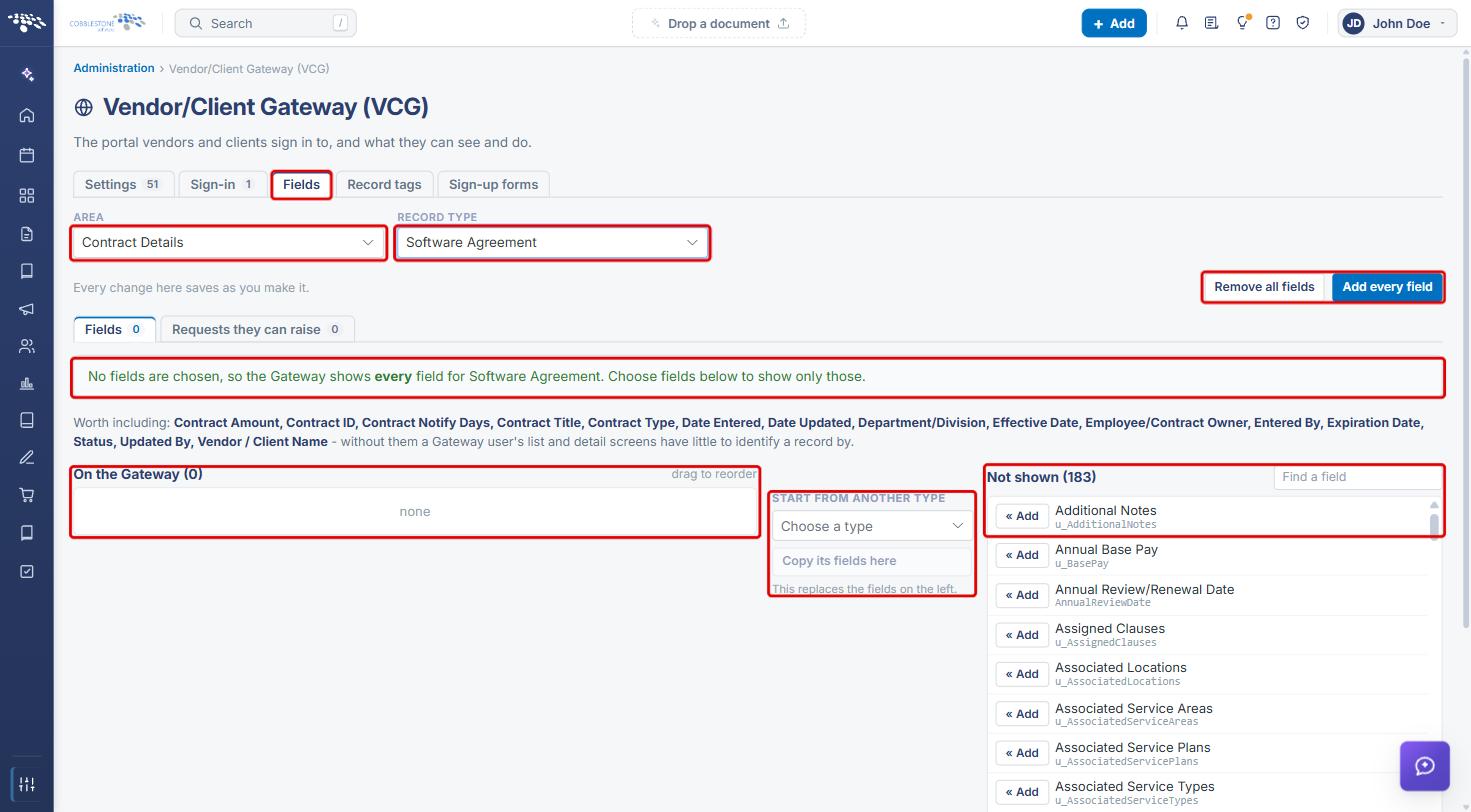 VCG Fields tab with Area, Record type, Remove all fields, Add every field, the On the Gateway list, Start from another type and Not shown highlighted