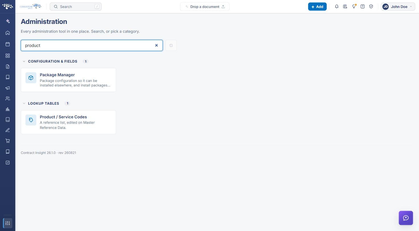 Administration page filtered to Product / Service Codes
