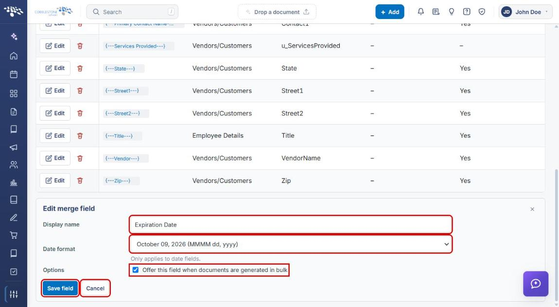 Edit merge field form with Display name, Date format, bulk option, Save field and Cancel highlighted