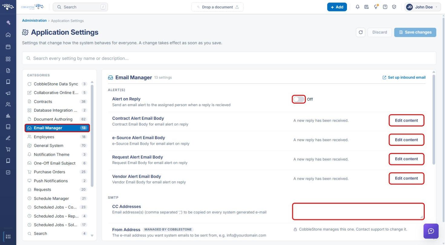 Email Manager settings with key controls highlighted