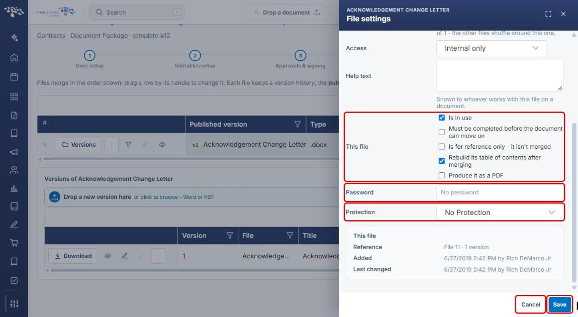 File settings panel: file options, Password, Protection