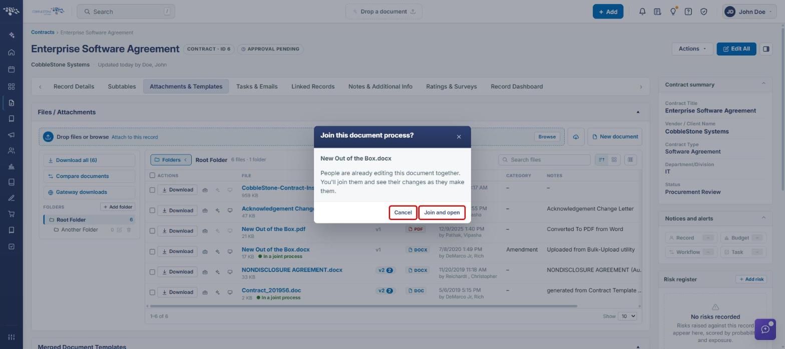 Join this document process dialog with Cancel and Join and open highlighted