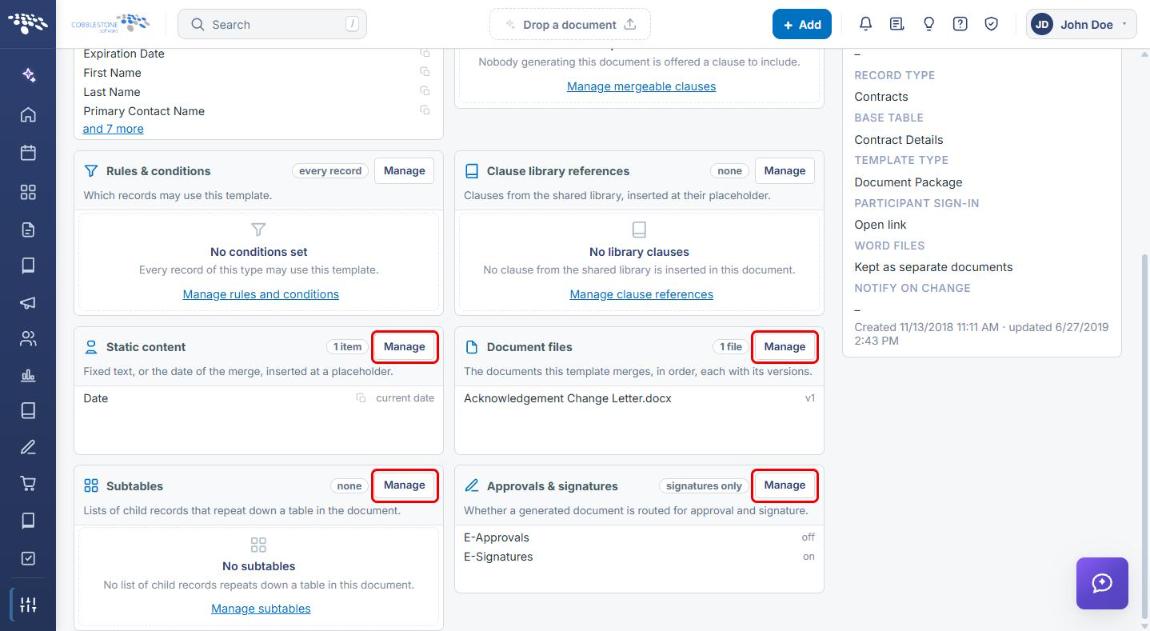 Static content, Document files, Subtables, and Approvals and signatures cards