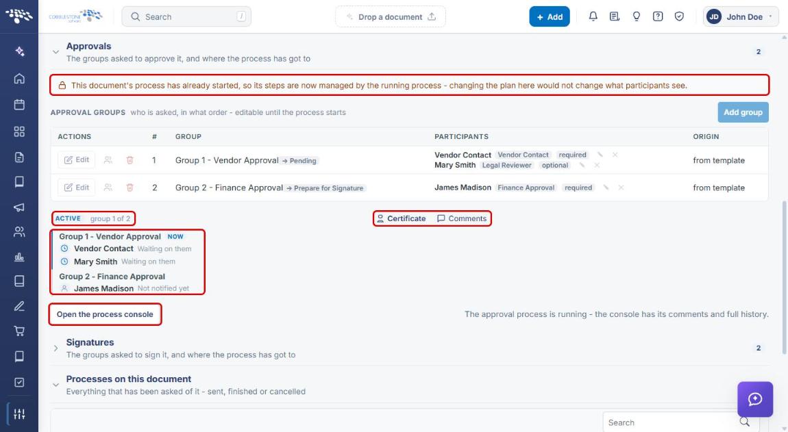 Running approval flow with process notice, Active status, current group, Certificate, Comments, and Open the process console highlighted