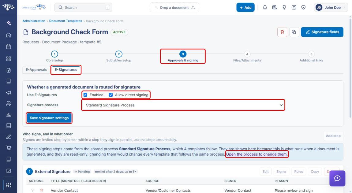 Template E-Signatures tab with Signature process selected