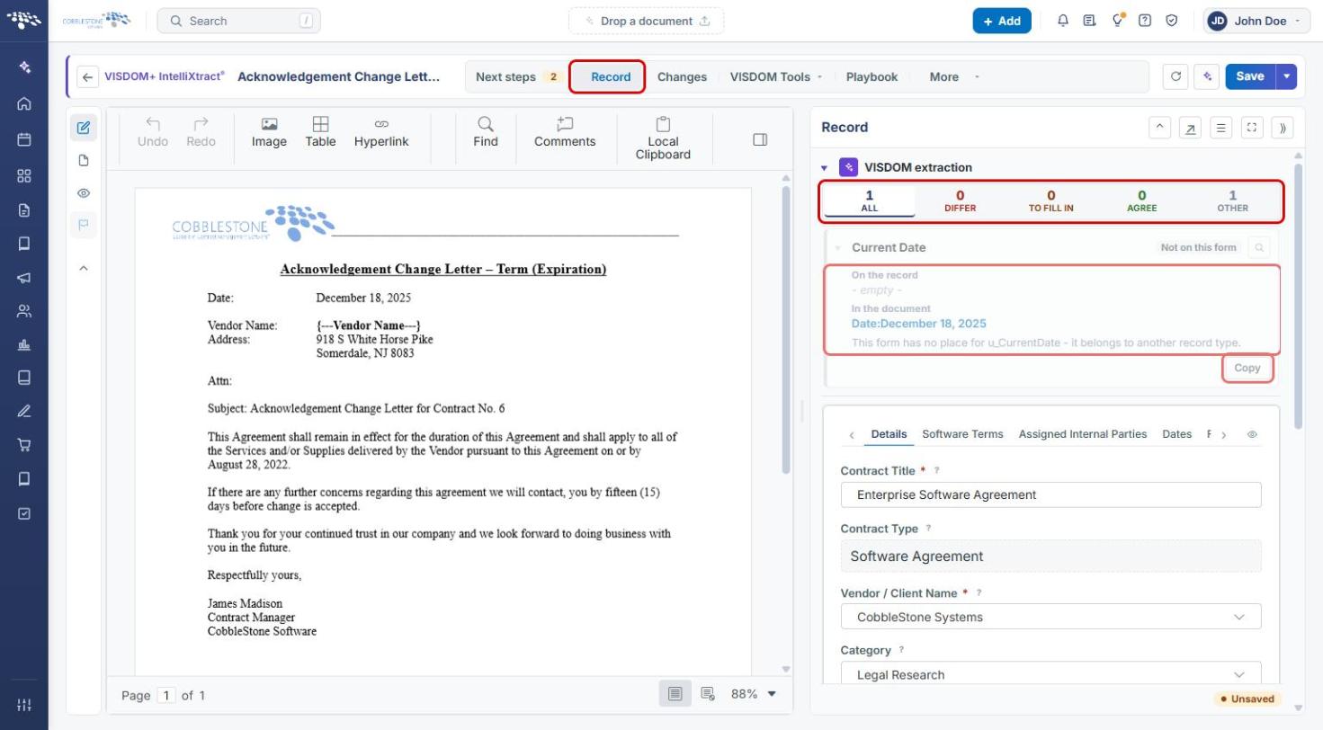 Workbench Record tab with extraction filters and comparison highlighted