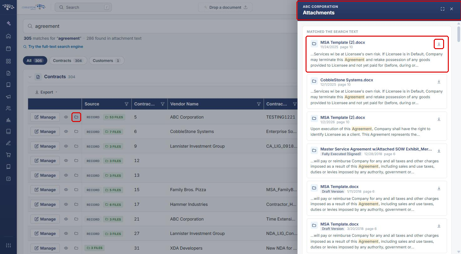 Attachments drawer with matched file card and download icon highlighted