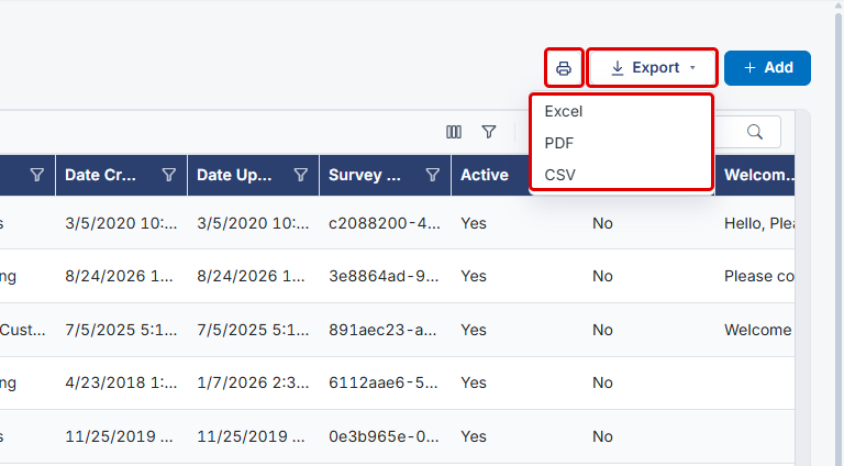 Print icon and the Export menu with Excel, PDF and CSV highlighted