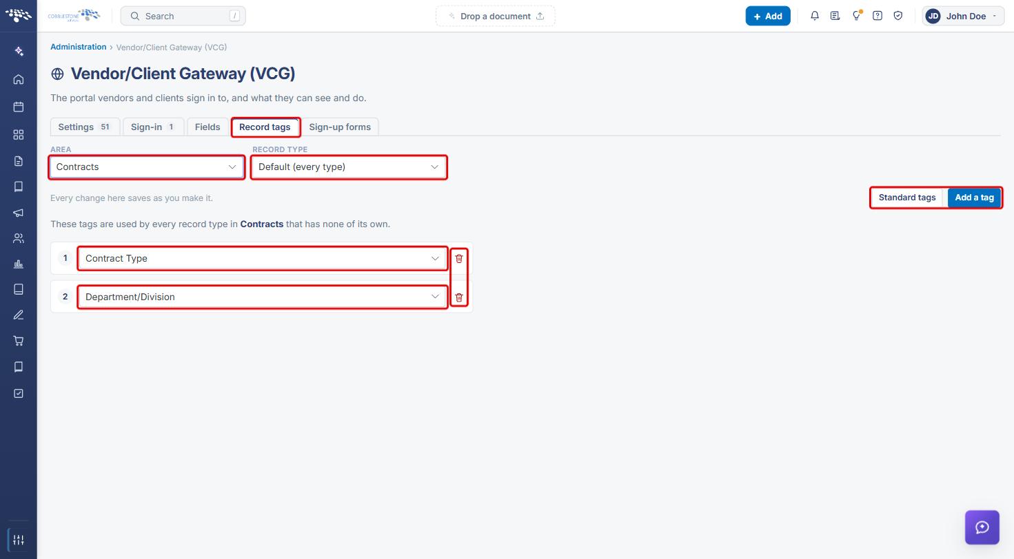VCG Record tags tab with Area, Record type, Standard tags, Add a tag, the tag fields and remove icons highlighted