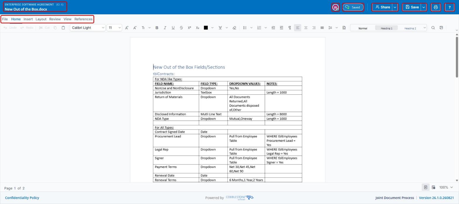 Collaborative Online Editor header controls and ribbon tabs highlighted