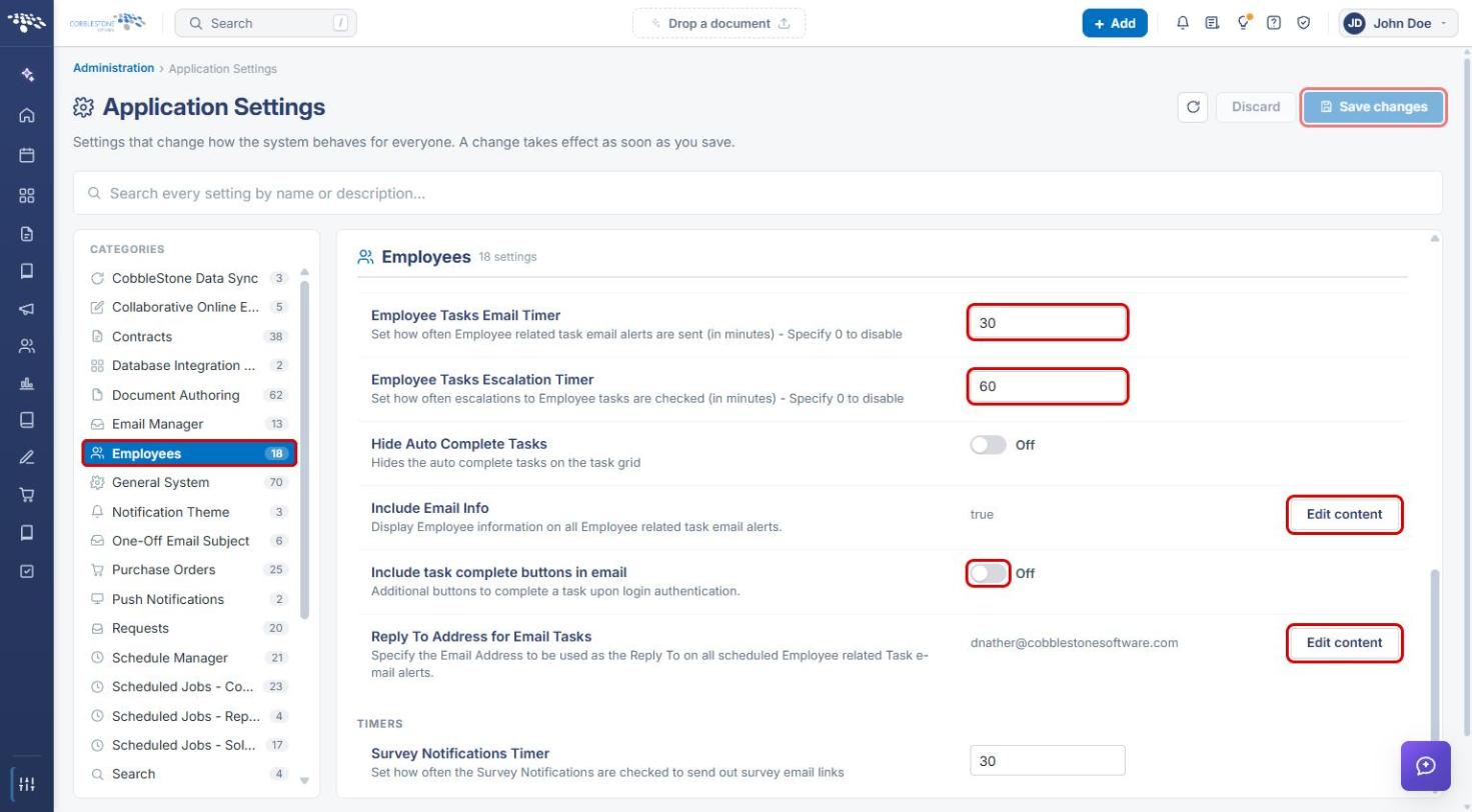 Employees settings with email controls highlighted