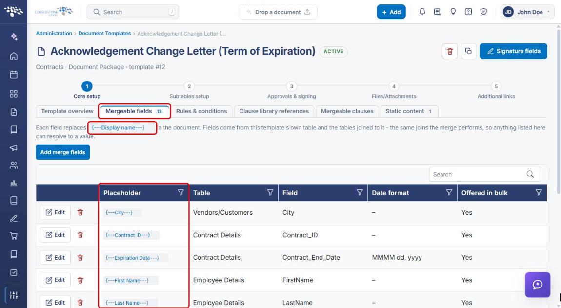 Mergeable fields tab with placeholder tokens highlighted