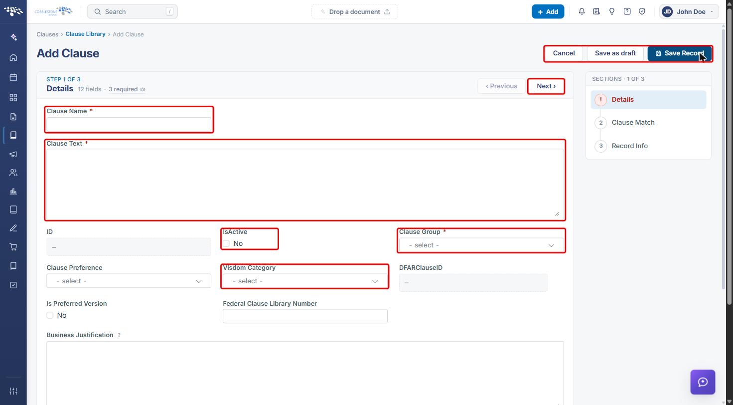 Add Clause form with Clause Name, Clause Text, IsActive, Clause Group, Visdom Category, Next, Cancel, Save as draft and Save Record highlighted
