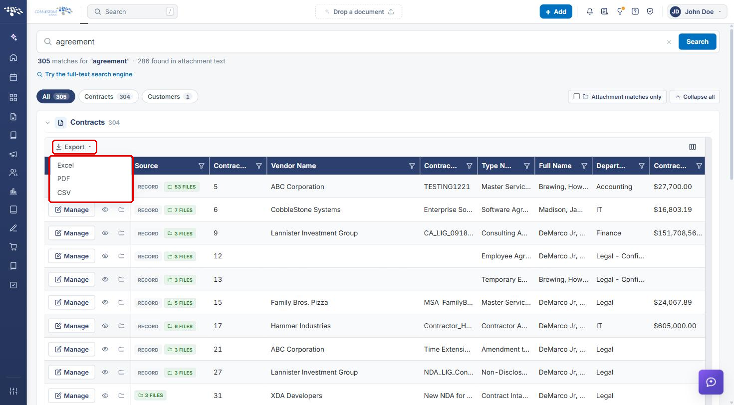 Export menu with Excel, PDF, and CSV options highlighted