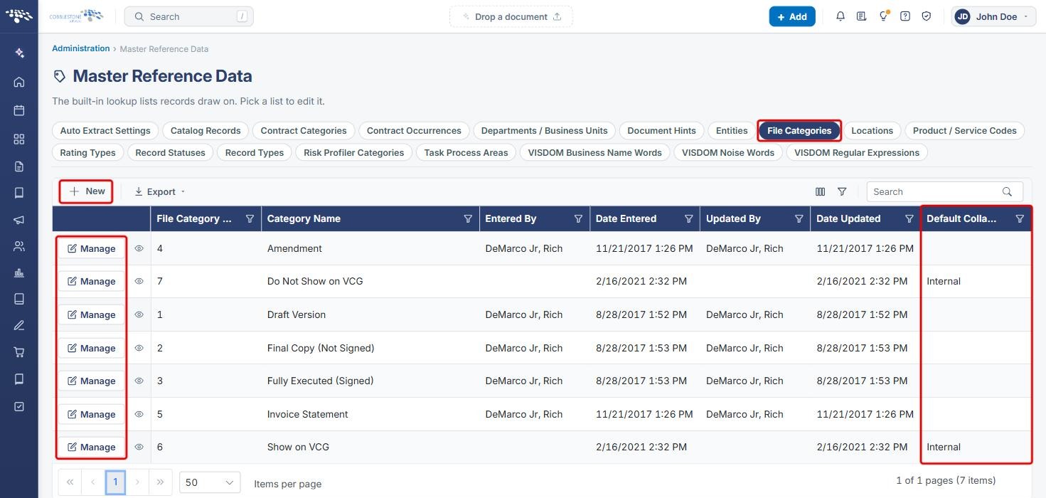 Master Reference Data File Categories tab with New, Manage and the Default Collaboration Type column highlighted