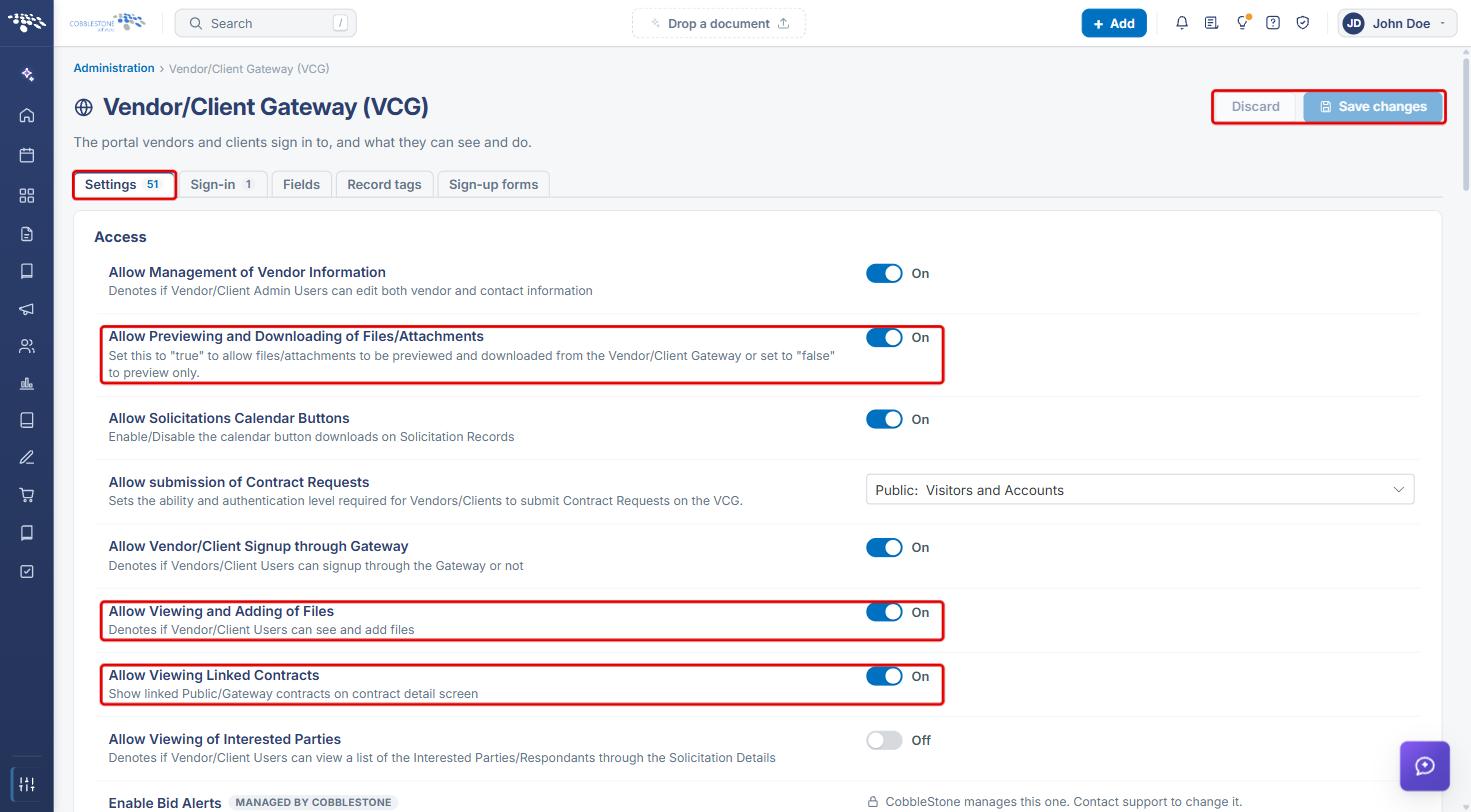 VCG Settings tab with the file and linked contract settings, Discard and Save changes highlighted