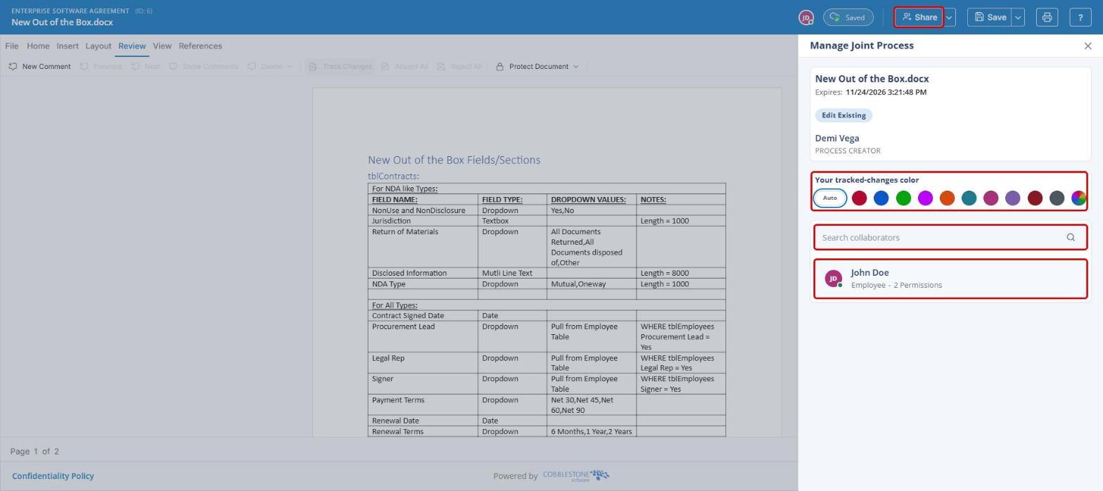 Manage Joint Process panel with Share, tracked-changes color, Search collaborators, and collaborator list highlighted