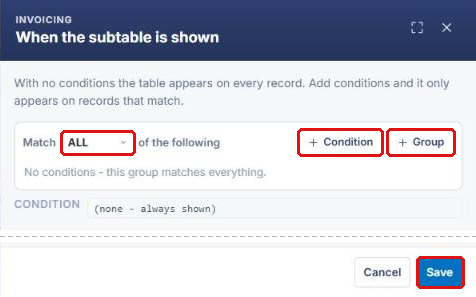 When the subtable is shown panel