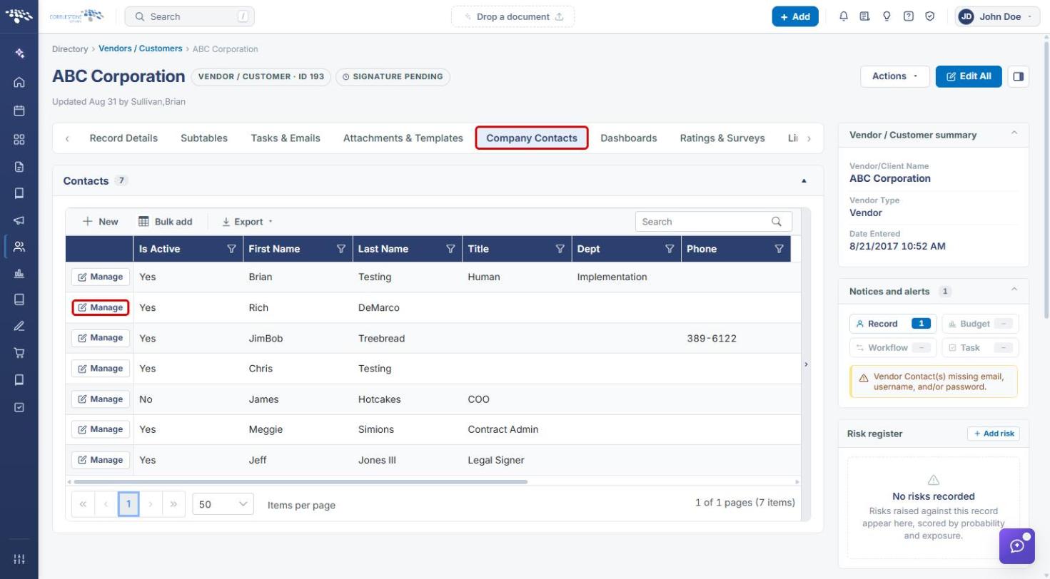 Company Contacts tab with a contact Manage button highlighted
