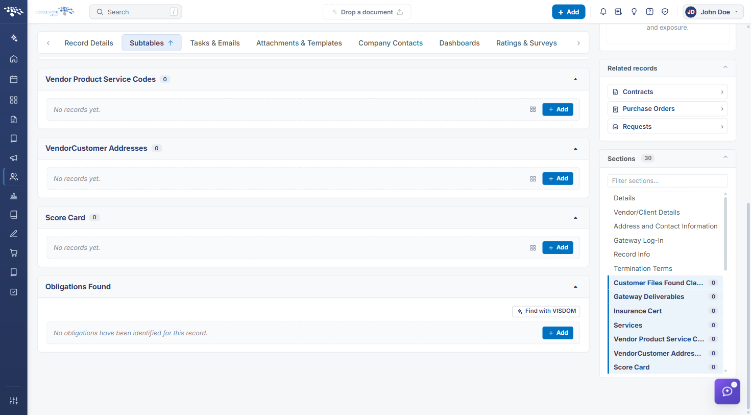 Vendor Product Service Codes subtable on a vendor record
