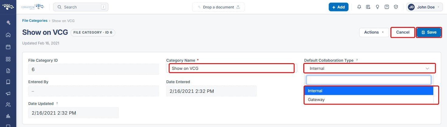 File category in edit mode with Category Name, Default Collaboration Type options, Cancel and Save highlighted