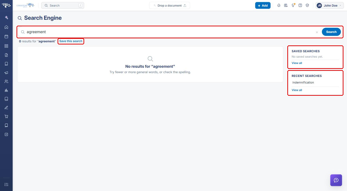 Search Engine page with search box, Save this search, Saved searches, and Recent searches highlighted
